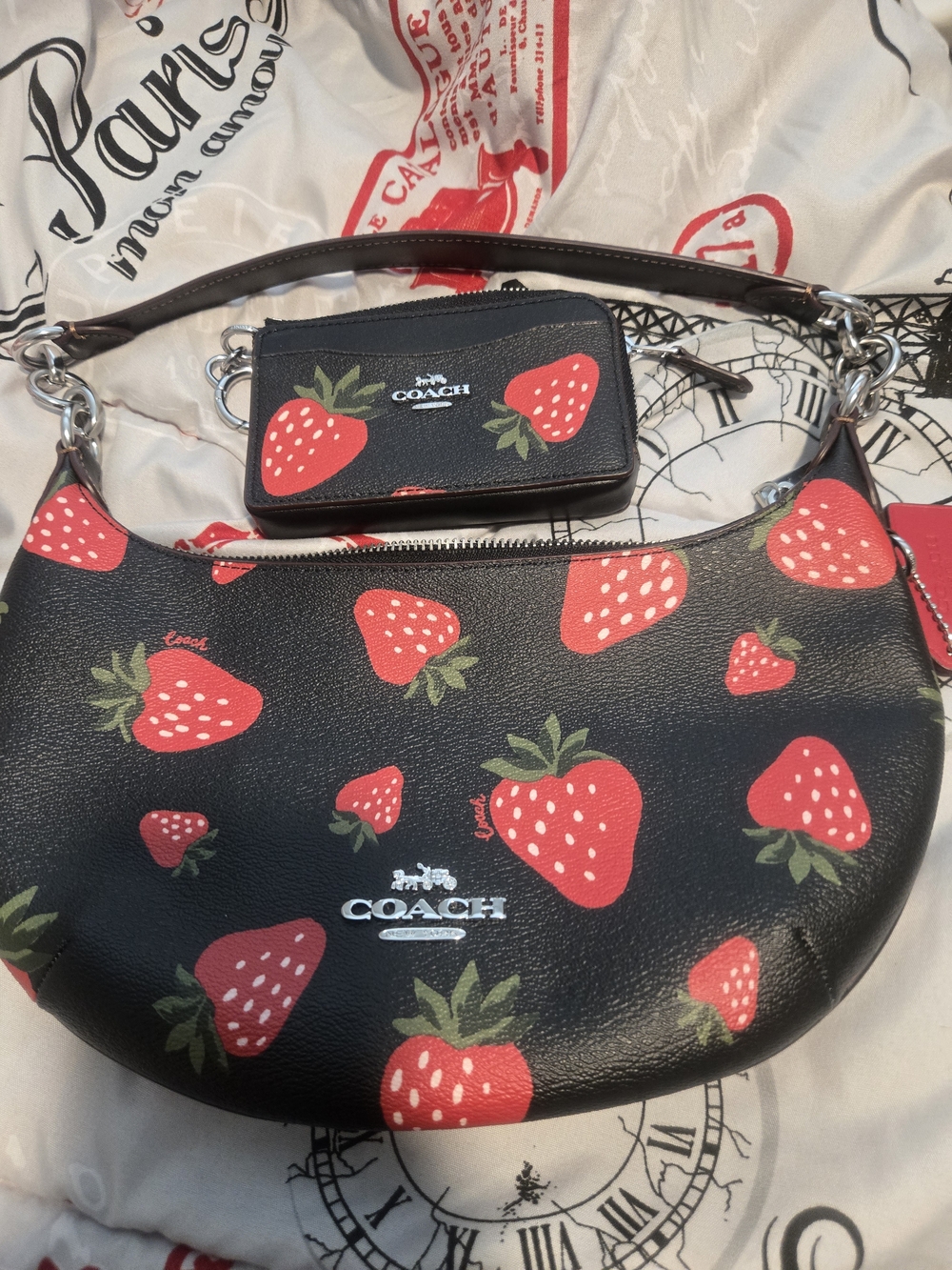 COACH Black Strawberry Print Leather Hobo Bag with Card Case - Picture 1 of 7